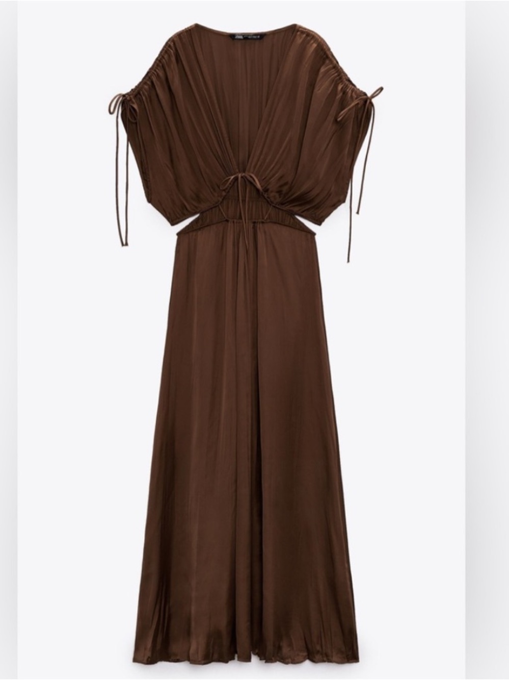Zara Brown Satin Pleated Maxi Cutout Ruched Shorf Sleeve Dress Sz L